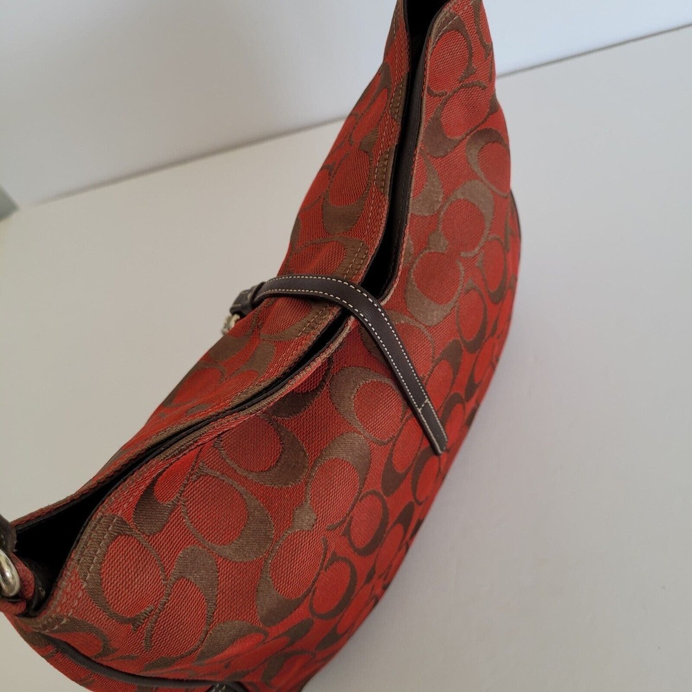 COACH Hampton Clip Brown Red Signature Jacquard Hobo Shoulder Bag 6091 Small - Picture 8 of 15